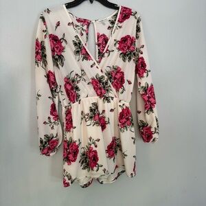 Cottagecore Floral Long Sleeve Romper with V neck and Open Back Medium Women